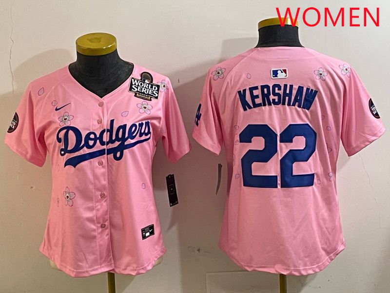 Women Los Angeles Dodgers #22 Kershaw Pink White Blue Sakura Edition 2025 Nike MLB Jersey style 7